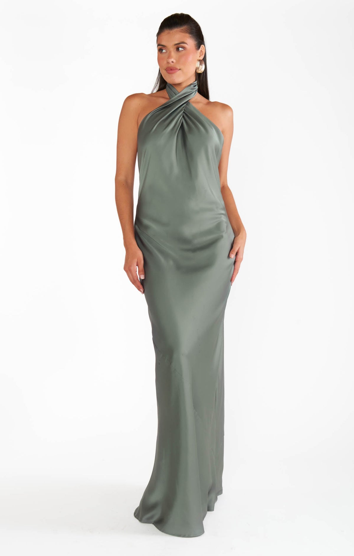 Jasmine Halter Maxi Dress ~ Deep Sage Luxe Satin