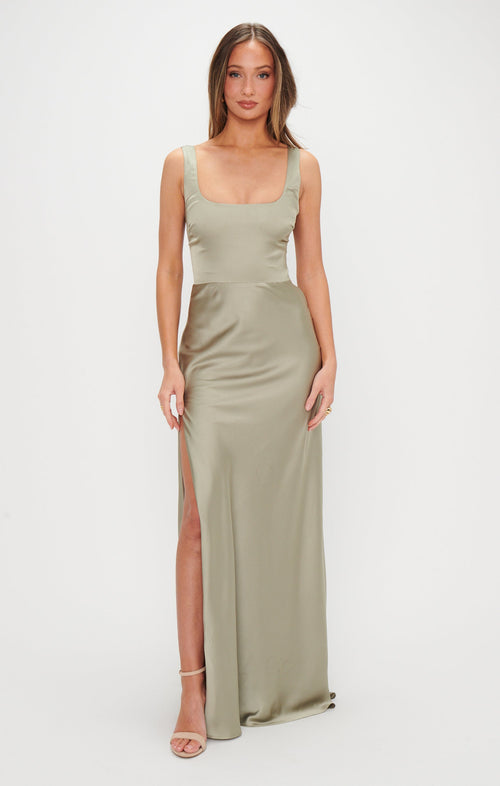Lana Maxi Dress ~ Moss Green Luxe Satin