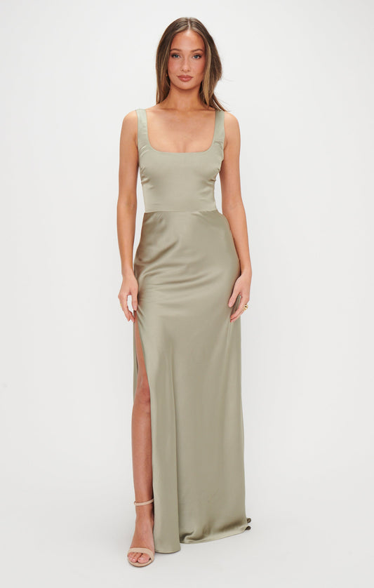 Lana Maxi Dress ~ Moss Green Luxe Satin