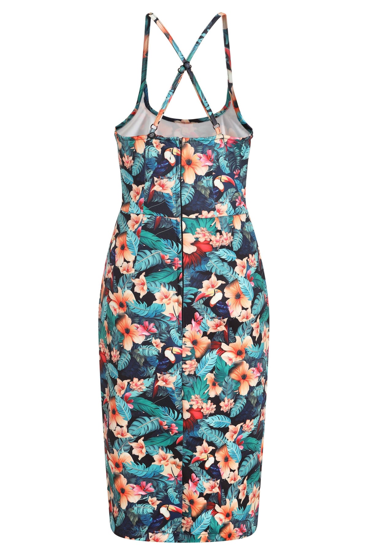 Norma Cross Strap Pencil Dress in Black Toucan Print