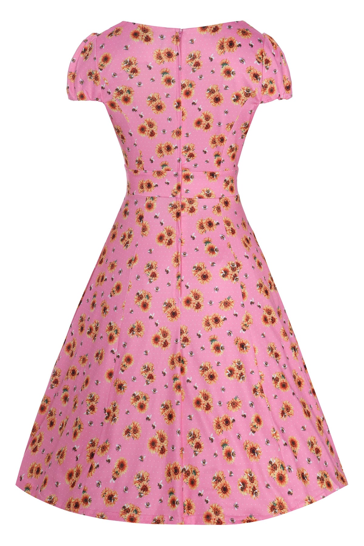 Claudia Pink Cap Sleeved Dress with Sunflowers & Bees