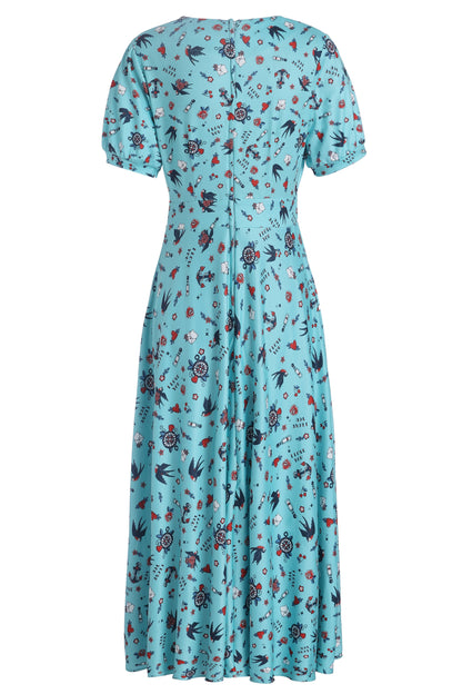 Julia Blue Rockabilly Swallow Sleeved Dress