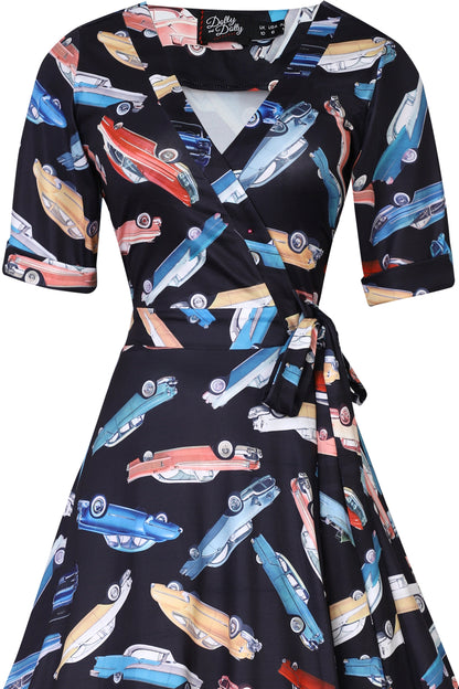 Matilda Classic Car Print Knit Wrap Dress in Black