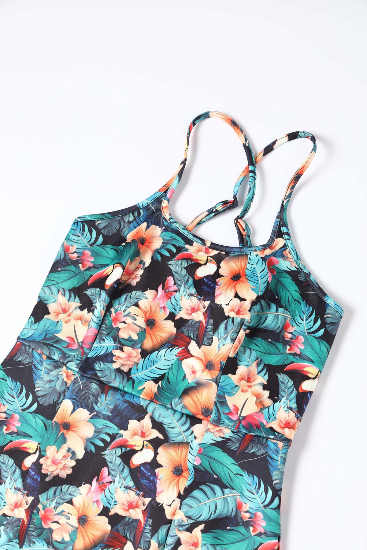 Norma Cross Strap Pencil Dress in Black Toucan Print