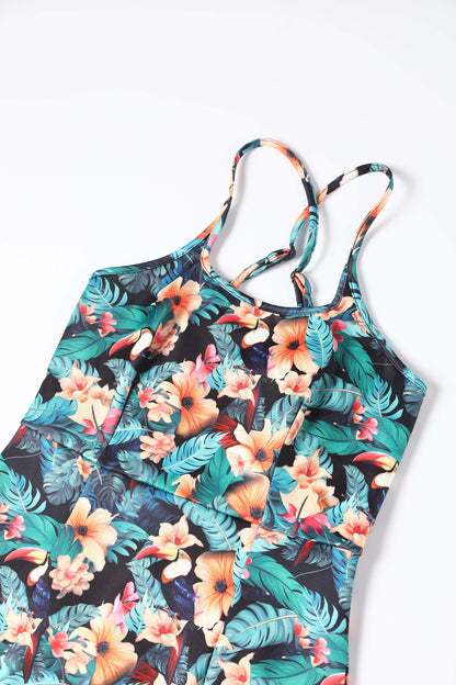 Norma Cross Strap Pencil Dress in Black Toucan Print
