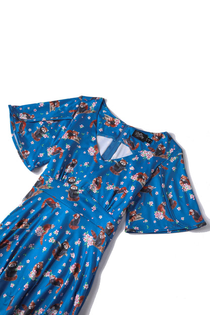 Janice Blue Short Sleeved Tea Dress in Red Panda Print