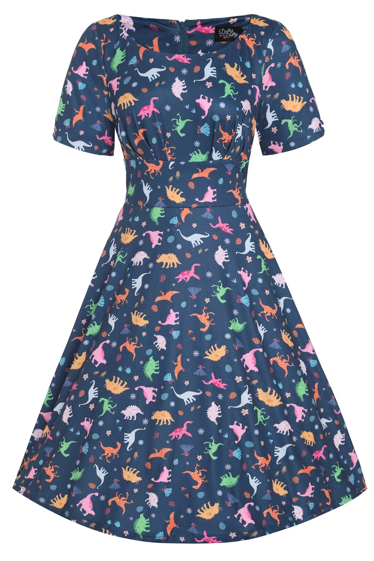 Brenda Navy Blue Dinosaur Flared Dress
