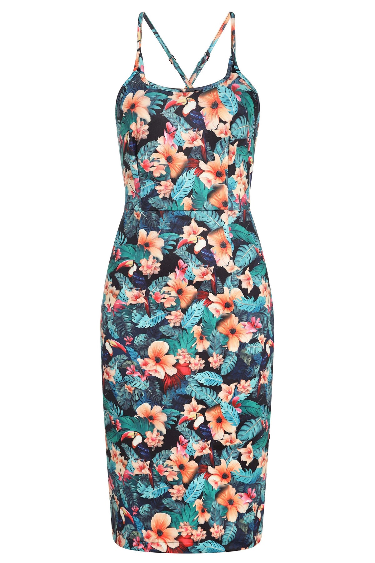 Norma Cross Strap Pencil Dress in Black Toucan Print