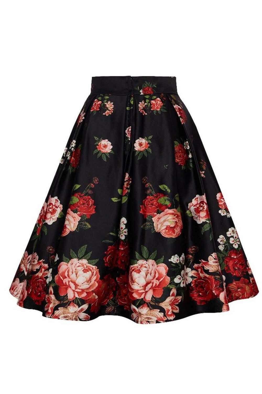 Carolyn Box Pleat Skirt In Black with Raising Red Roses