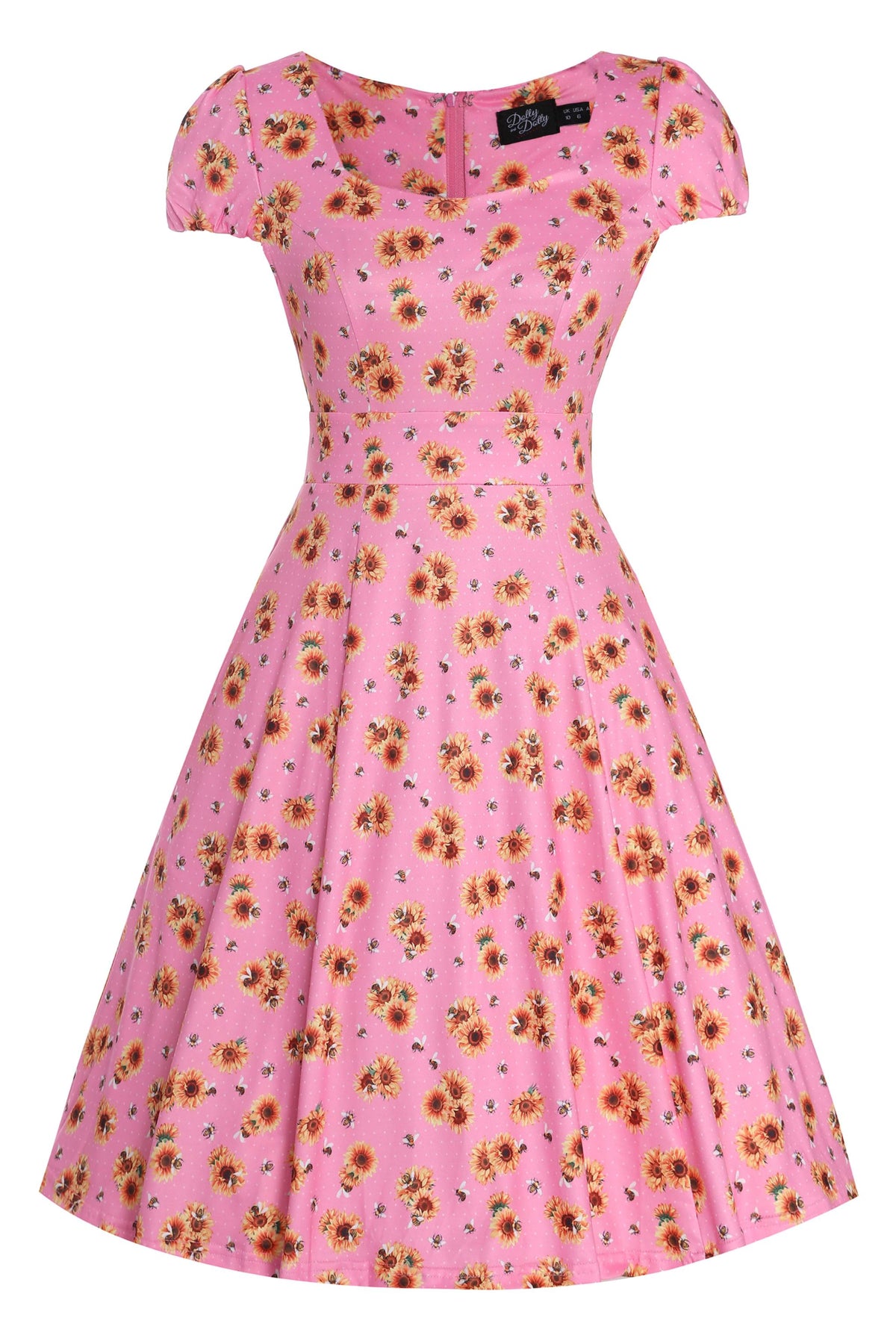 Claudia Pink Cap Sleeved Dress with Sunflowers & Bees