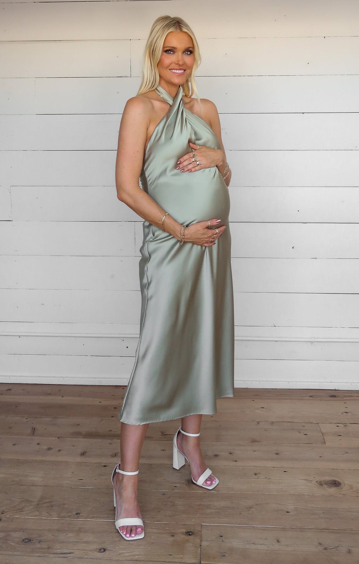 Jasmine Halter Midi Dress ~ Moss Green Luxe Satin