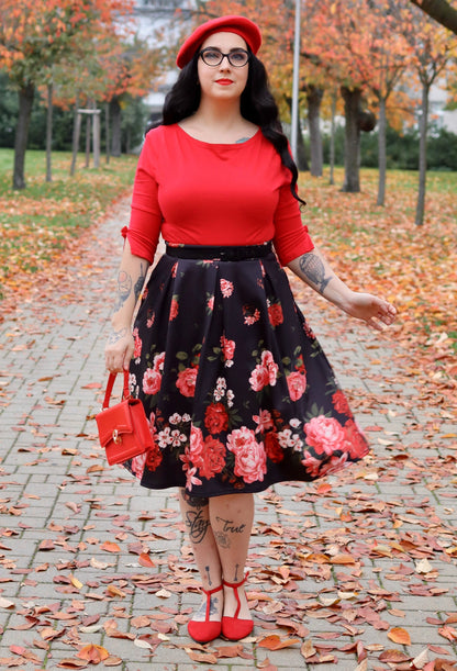 Carolyn Box Pleat Skirt In Black with Raising Red Roses