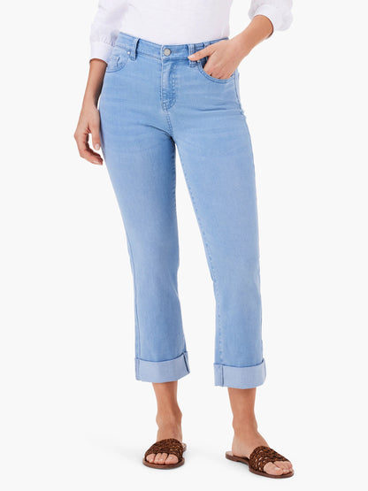 Mid Rise Straight Roll Cuff Cropped Jeans