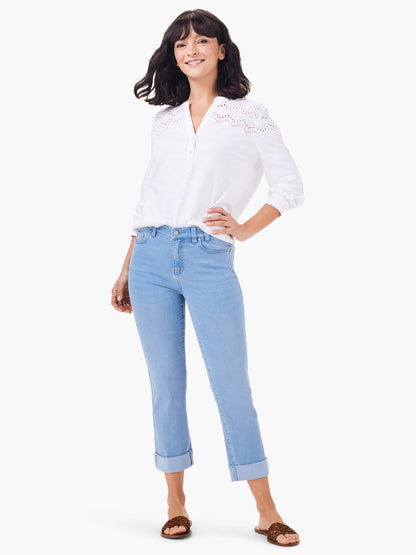 Mid Rise Straight Roll Cuff Cropped Jeans