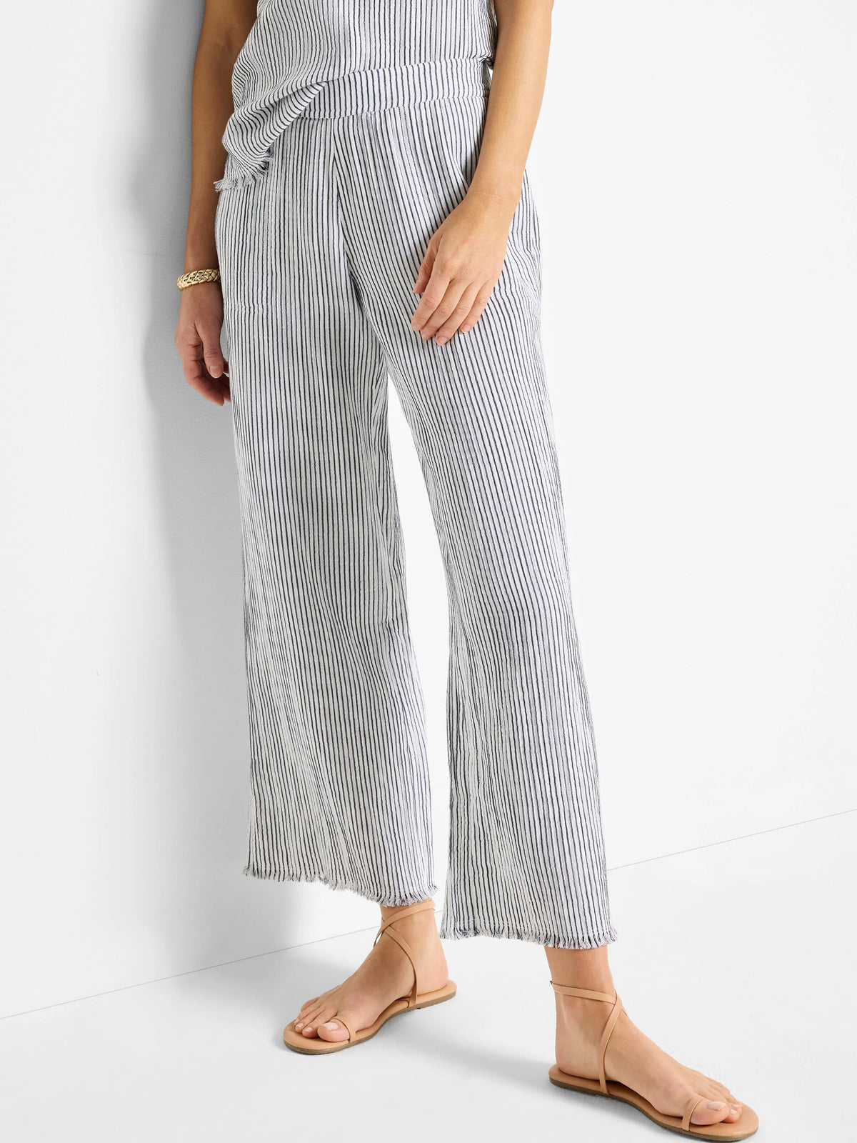 Pinstripe Gauze Wide Leg Ankle Pant