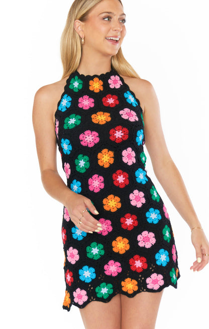 Happy Halter Mini Dress ~ Multi Black Flower Crochet