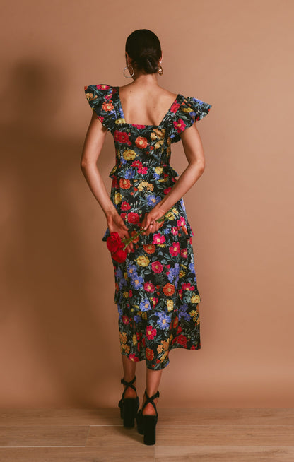 Lindsay Midi Dress ~ Charm Peony Black Luxe Satin