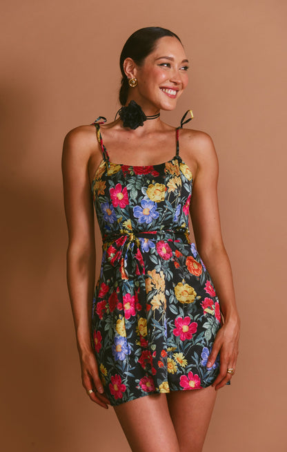 Julie Mini Dress ~ Charm Peony Black Luxe Satin