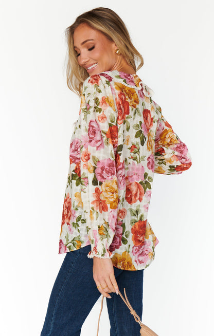 Lydia Ruffle Top ~ Ivory Hillside Floral