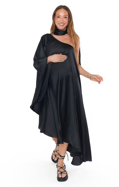 Rhea One Shoulder Dress ~ Black Luxe Satin