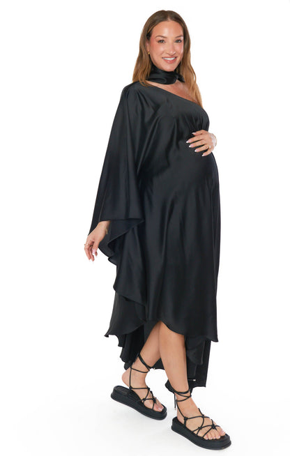 Rhea One Shoulder Dress ~ Black Luxe Satin