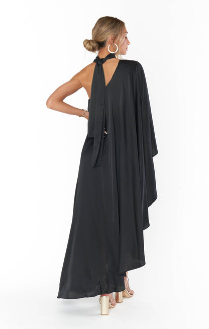 Rhea One Shoulder Dress ~ Black Luxe Satin