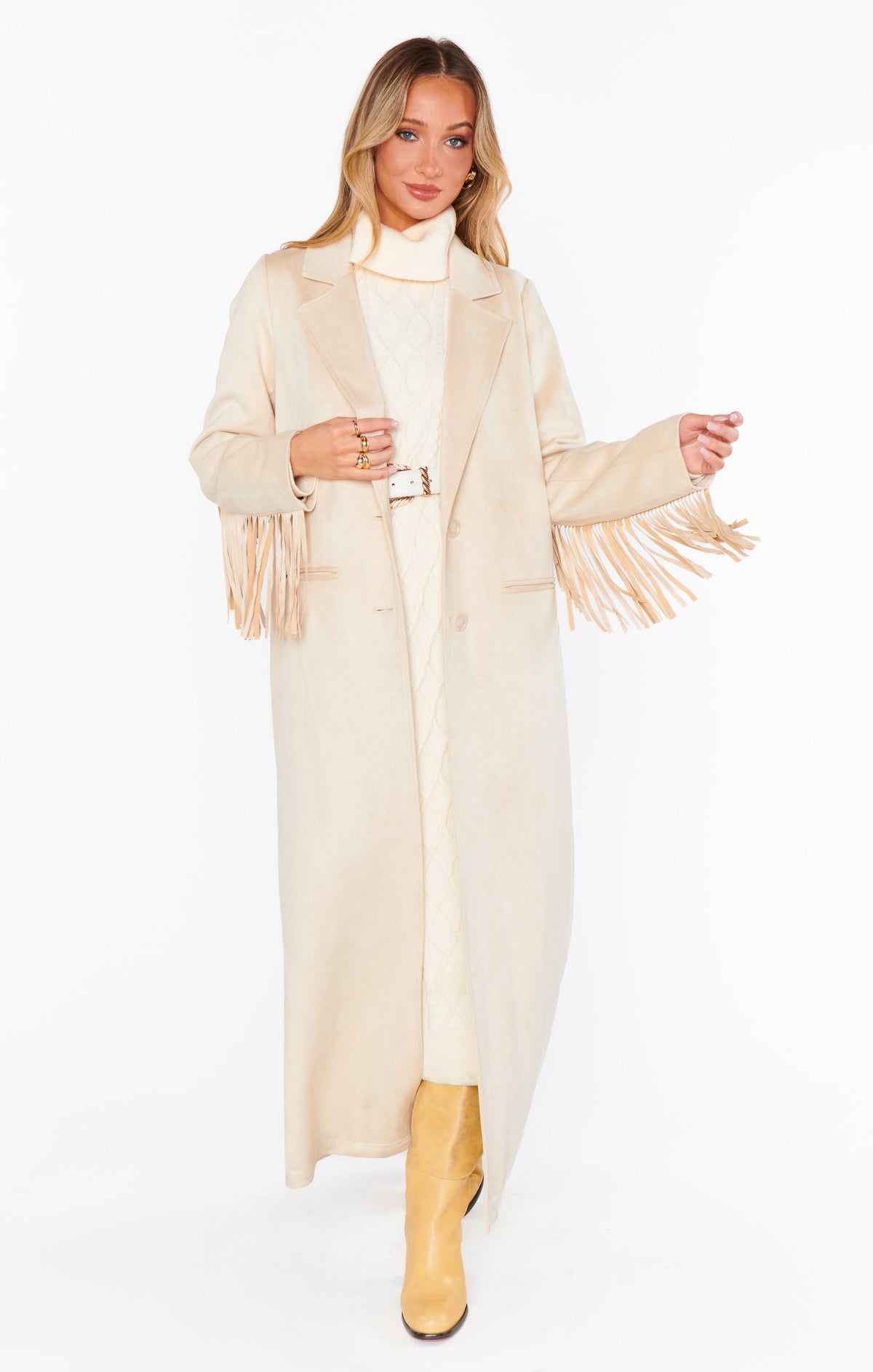 Sierra Fringe Maxi Jacket ~ Cream Faux Suede
