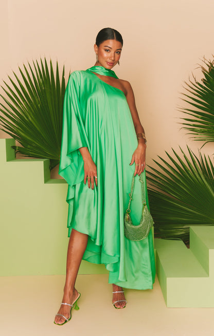 Rhea One Shoulder Dress ~ Kiwi Luxe Satin