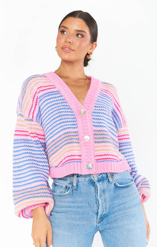 Good Karma Cardi ~ Pink Multi Stripe