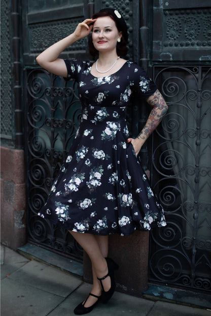 Brenda Black Floral Flared Dress