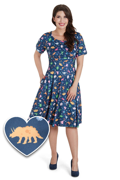 Brenda Navy Blue Dinosaur Flared Dress