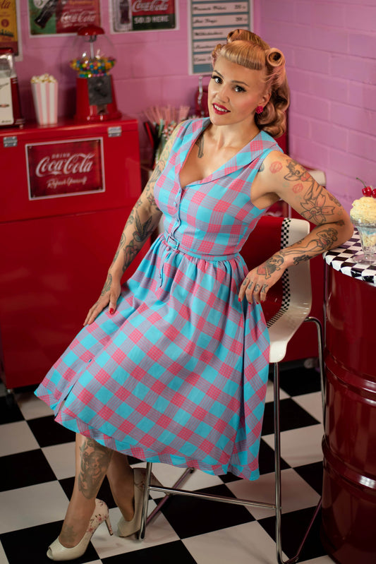 Maverick Retro Blue & Pink Check Shirt Dress