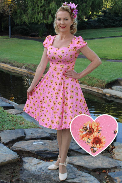 Claudia Pink Cap Sleeved Dress with Sunflowers & Bees