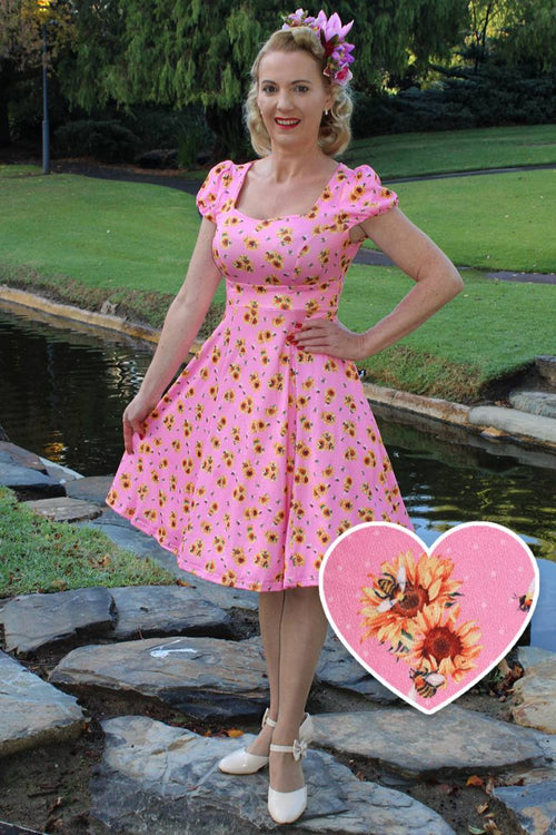 Claudia Pink Cap Sleeved Dress with Sunflowers & Bees