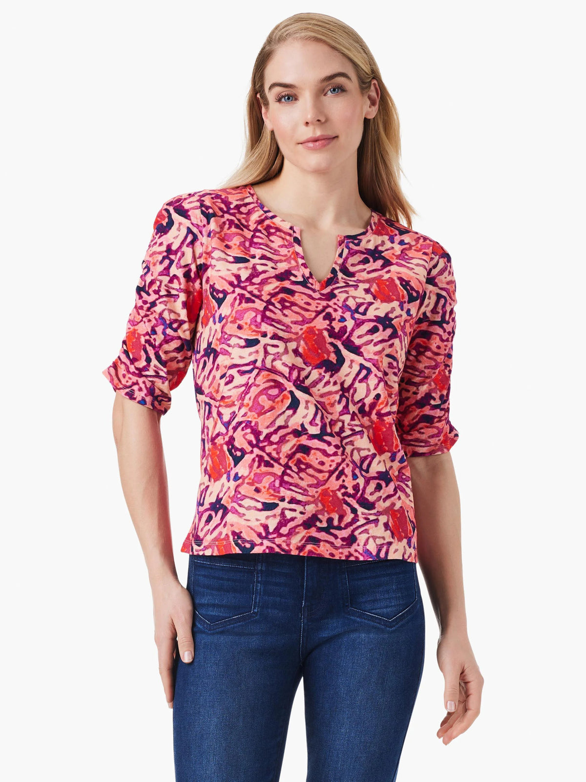 NZT Floral Ruched Elbow Sleeve Split Top