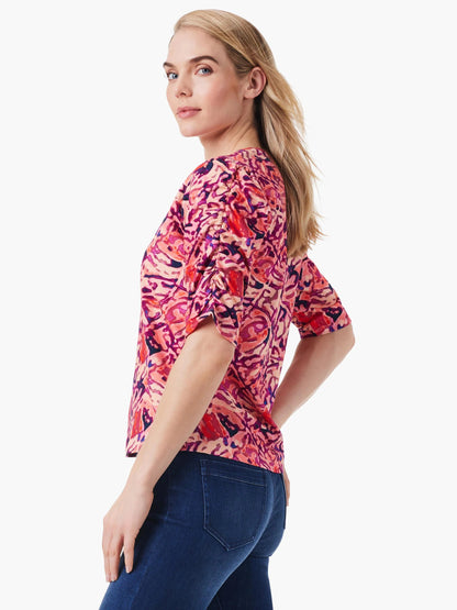 NZT Floral Ruched Elbow Sleeve Split Top