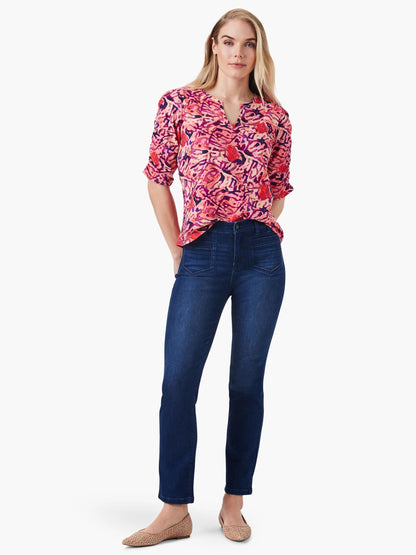 NZT Floral Ruched Elbow Sleeve Split Top