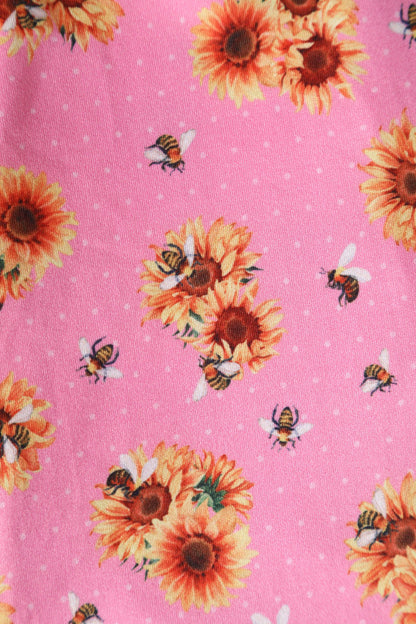 Claudia Pink Cap Sleeved Dress with Sunflowers & Bees