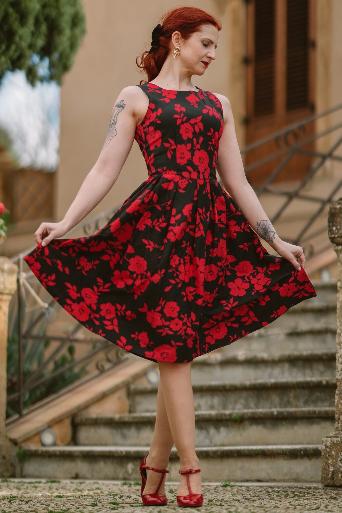 Annie Red Floral Swing Dress