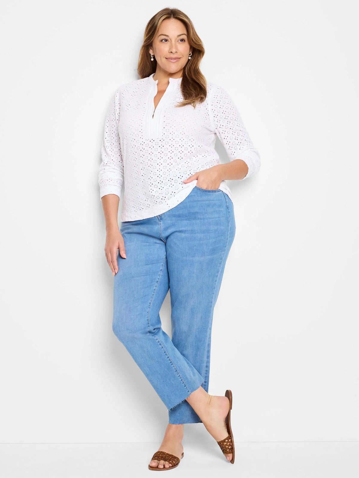 Knit Eyelet Split Neck Top