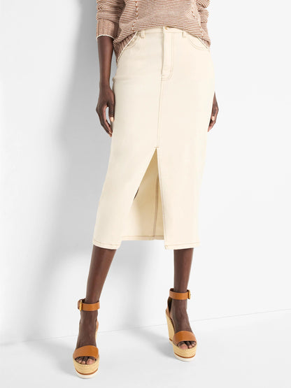 Front Slit Denim Midi Skirt