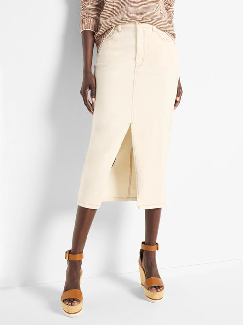 Front Slit Denim Midi Skirt