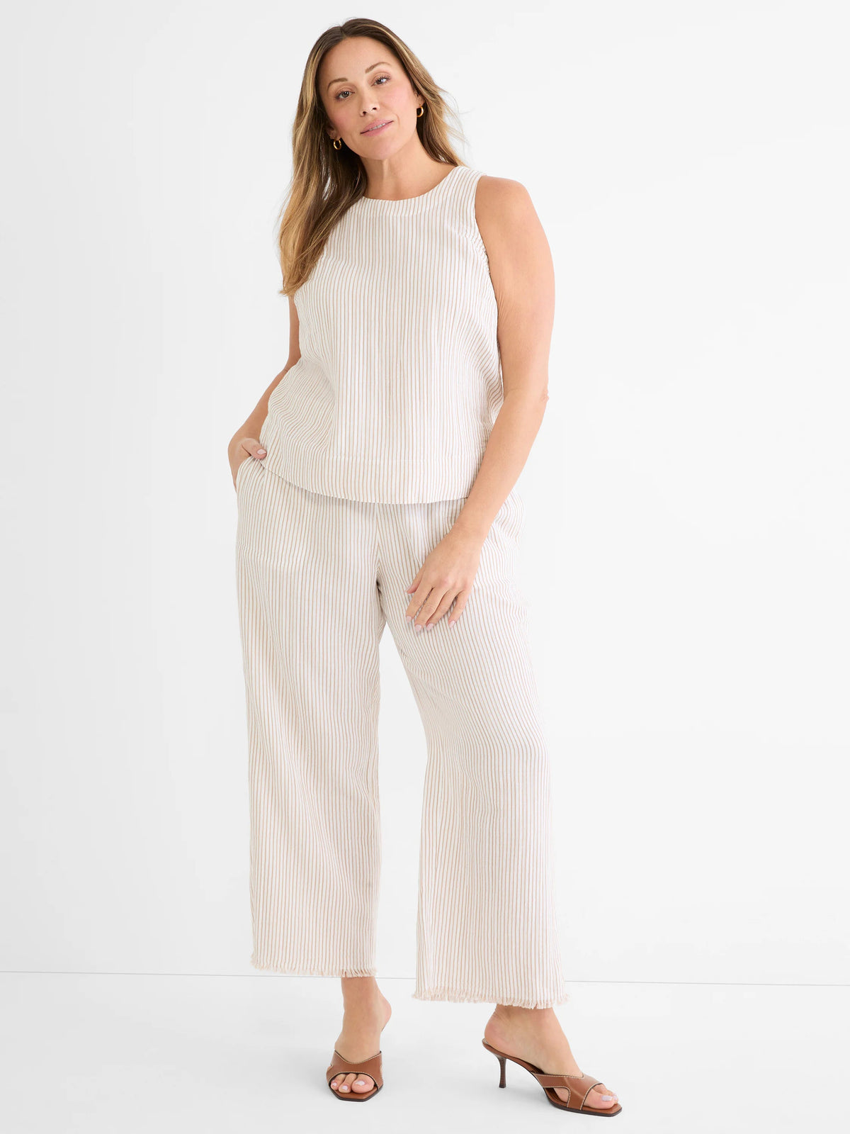 Pinstripe Gauze Wide Leg Ankle Pant
