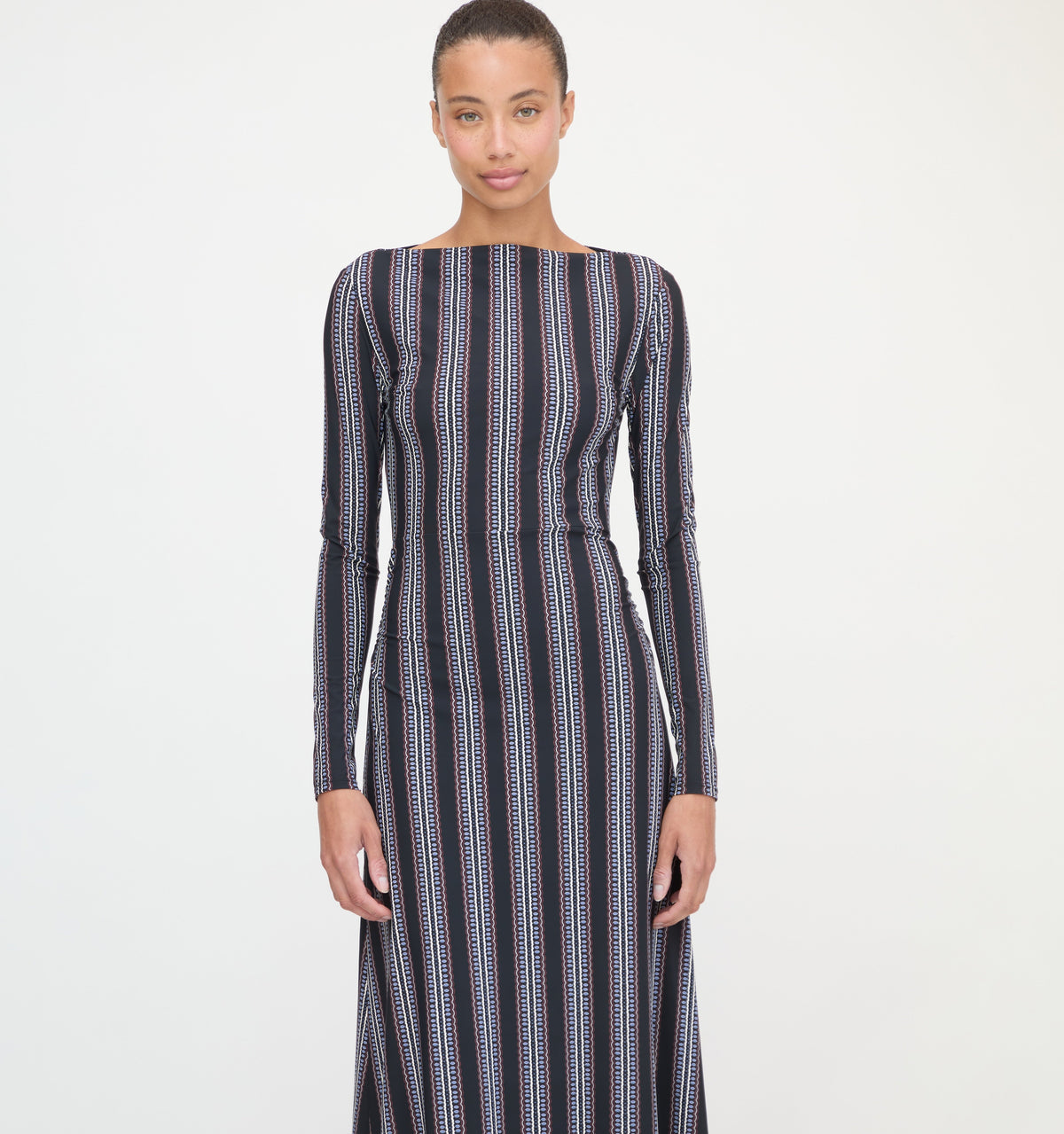 The Selene Dress - Black Cobalt Medallion Stripe