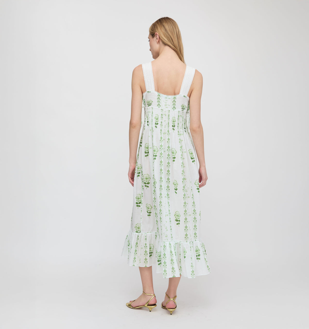 The Lux Nightgown - White/Green Arcadia Border