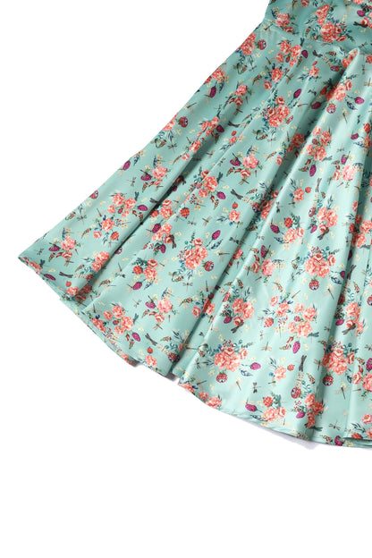 Grace Green Floral Dragonfly Pleated Bust Dress