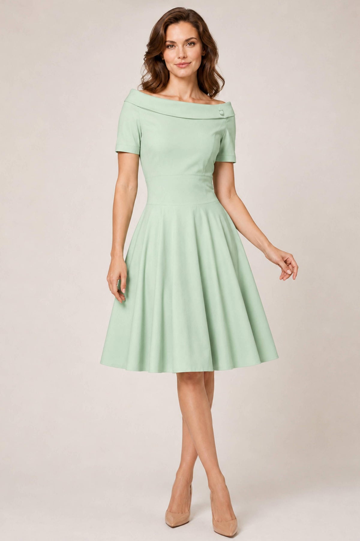 Darlene Light Green Roll Collar Circle Dress