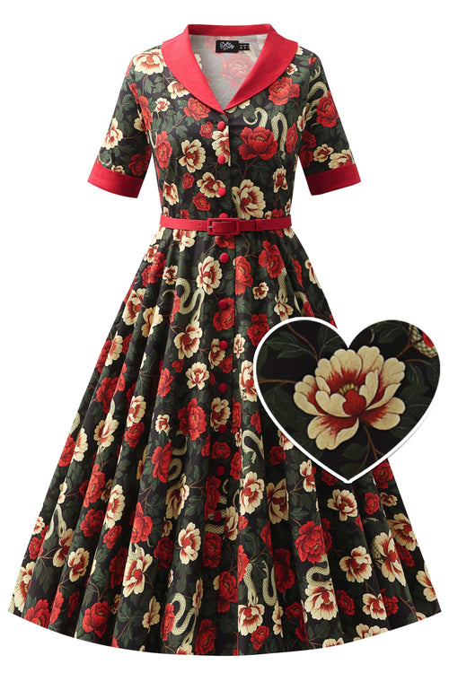 Mollie Black Rose & Snake Full Circle Shirt Dress