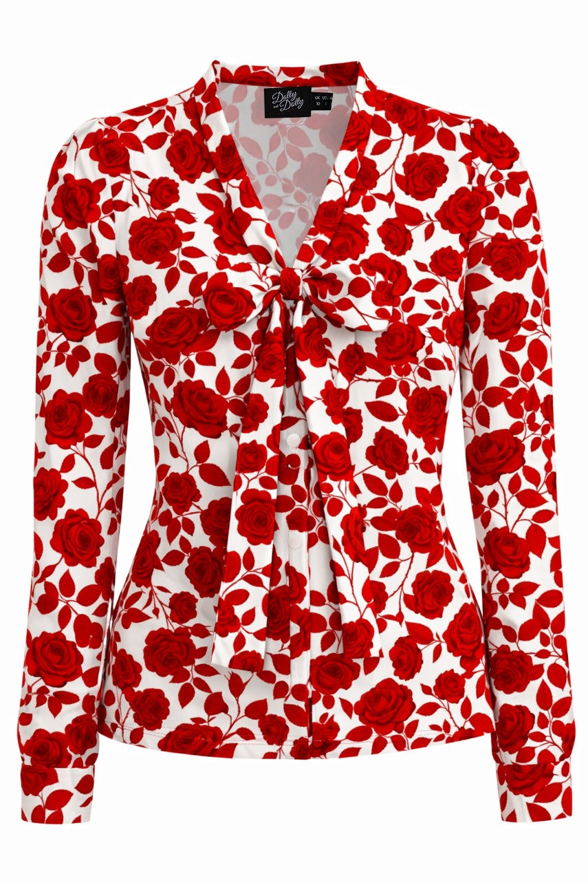 Margaret Red Rose Blouse In White