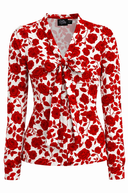 Margaret Red Rose Blouse In White